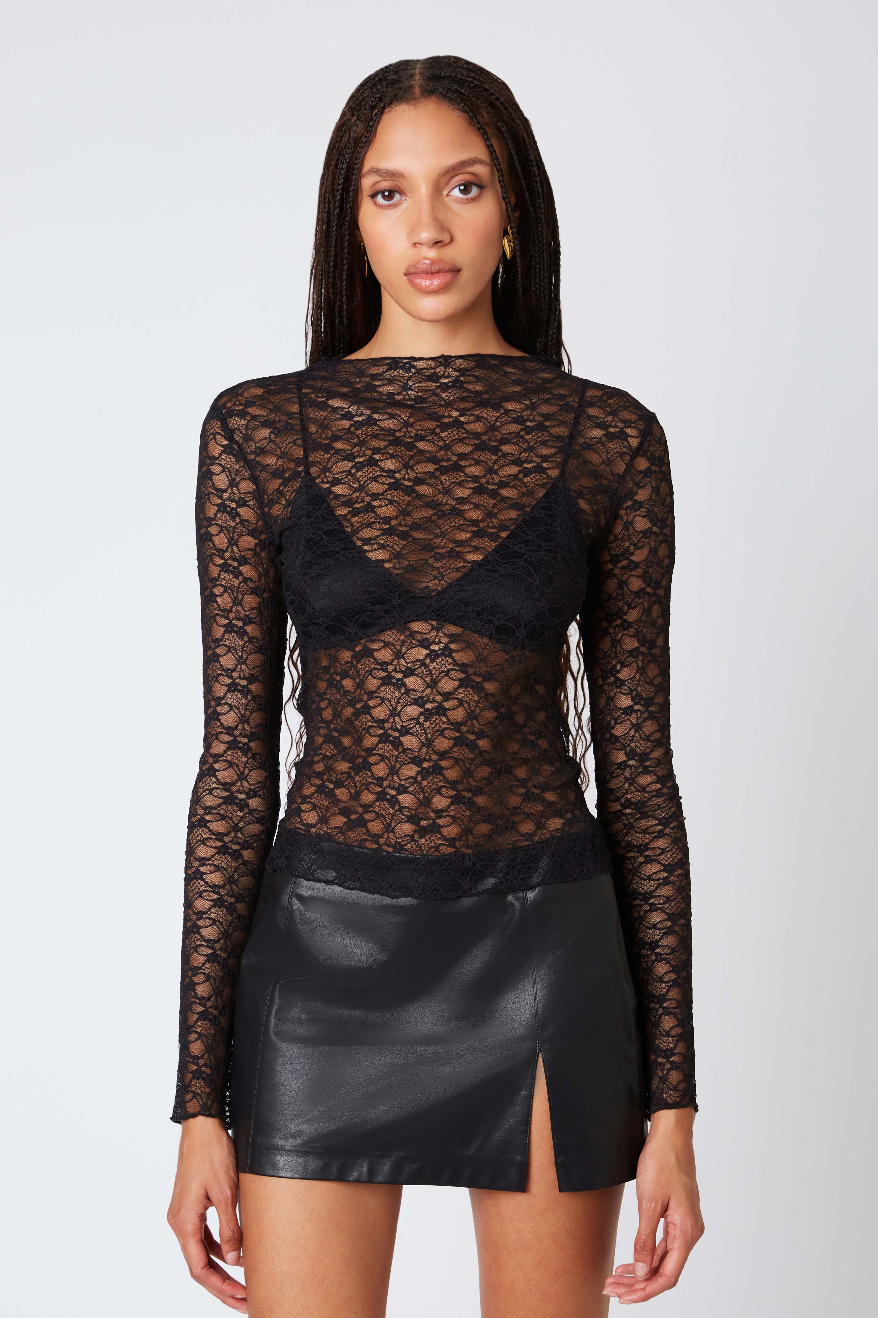 Floral Lace Long Sleeve in Black Front View