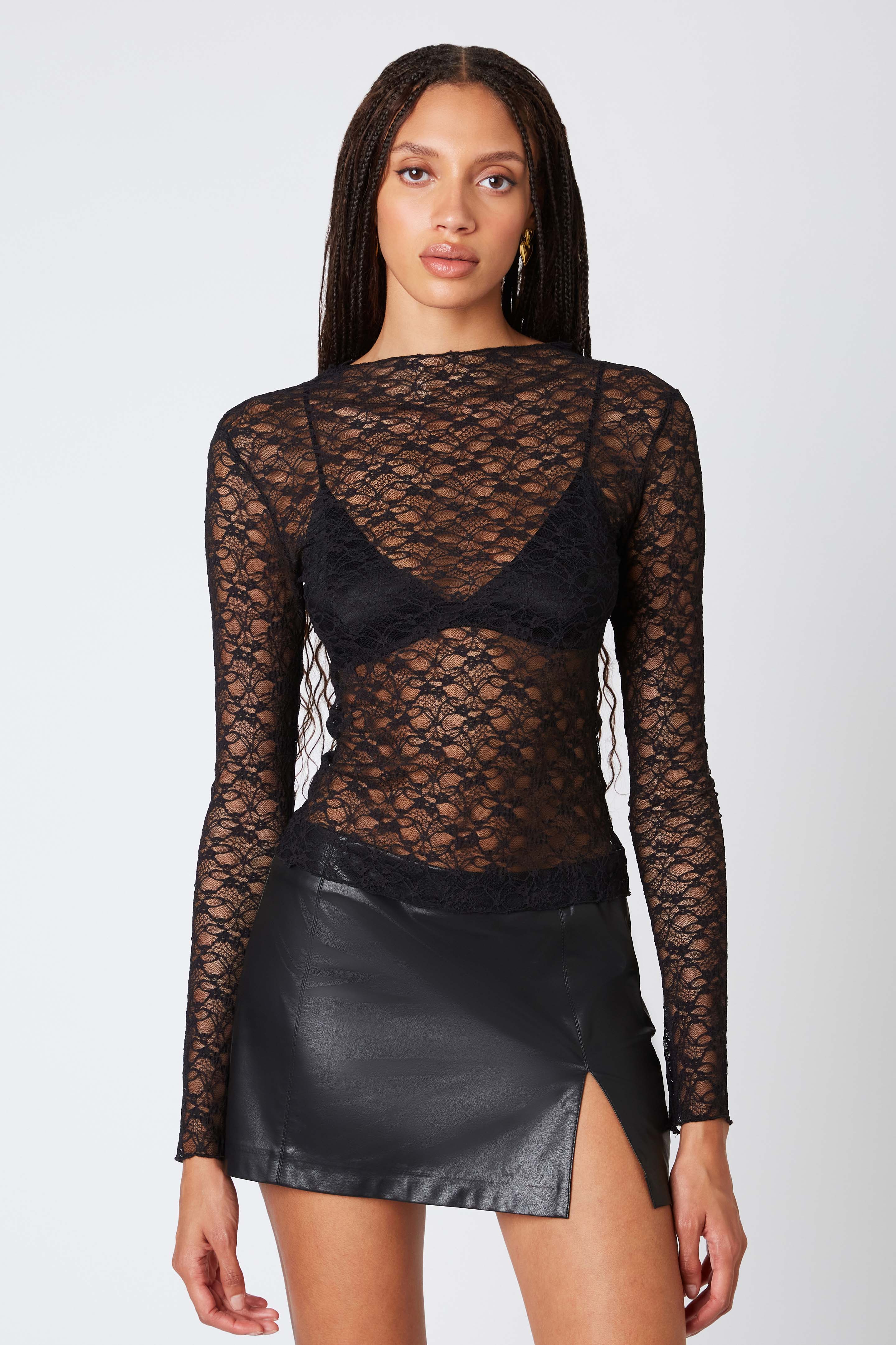 Floral Lace Long Sleeve in Black Front View