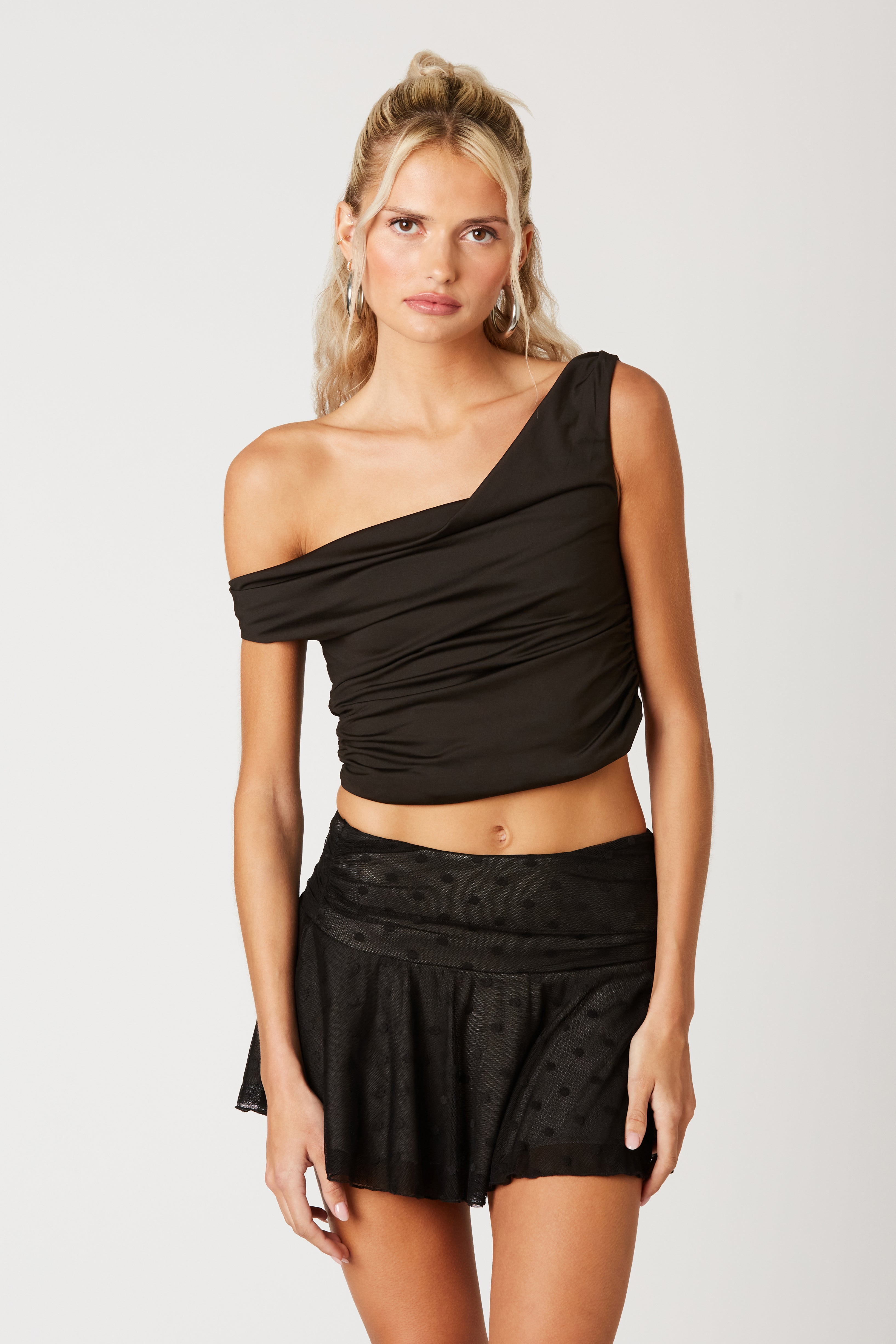 Asymmetrical Cropped Knit Top in black front view