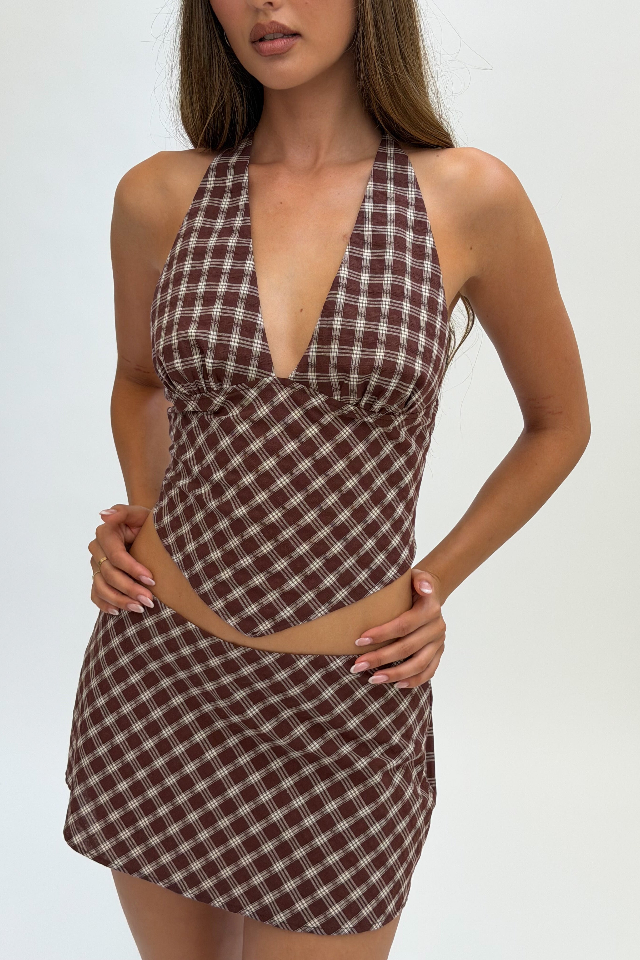 Plaid Low-Rise Mini Skirt in cocoa front view