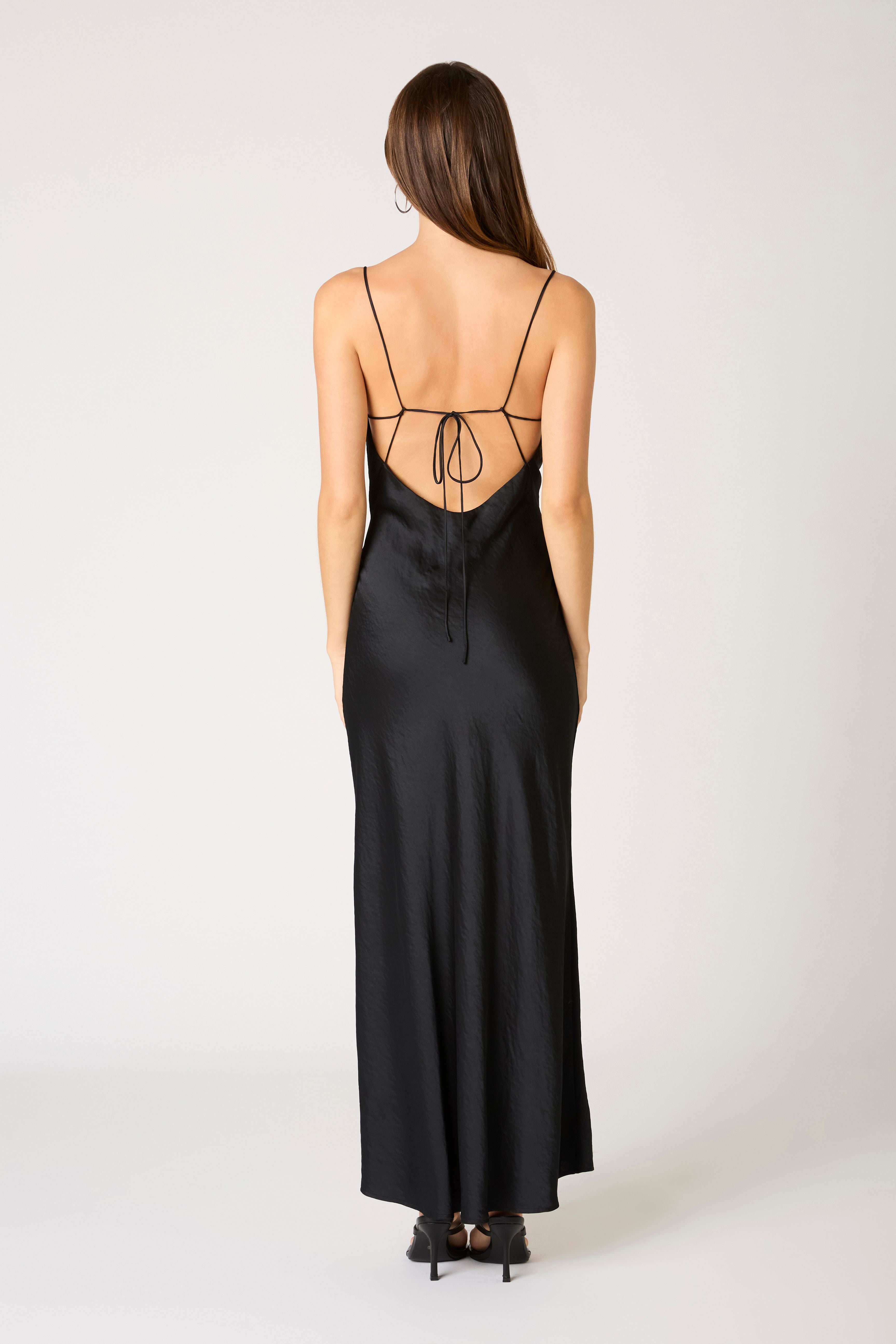 Cowl Neck High Slit Gown in black back view