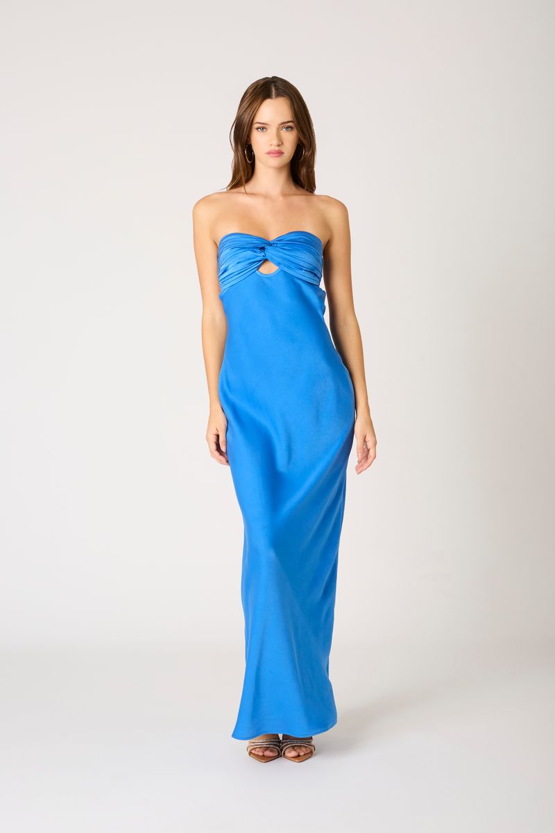 Strapless Satin Maxi Dress in sapphire front view
