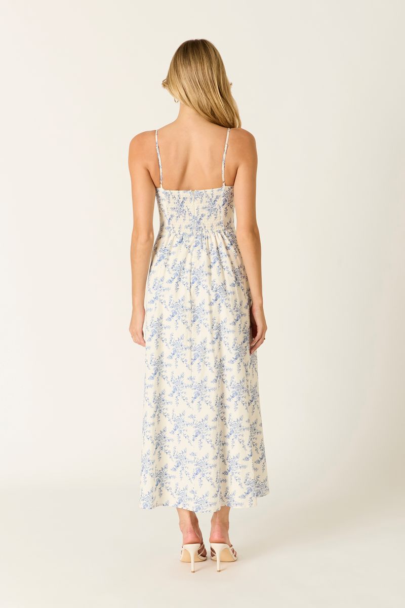 Vintage Toile Midi Dress in blue back view