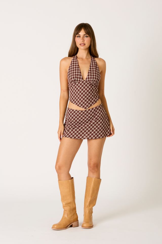 Plaid Halter Top in cocoa front view