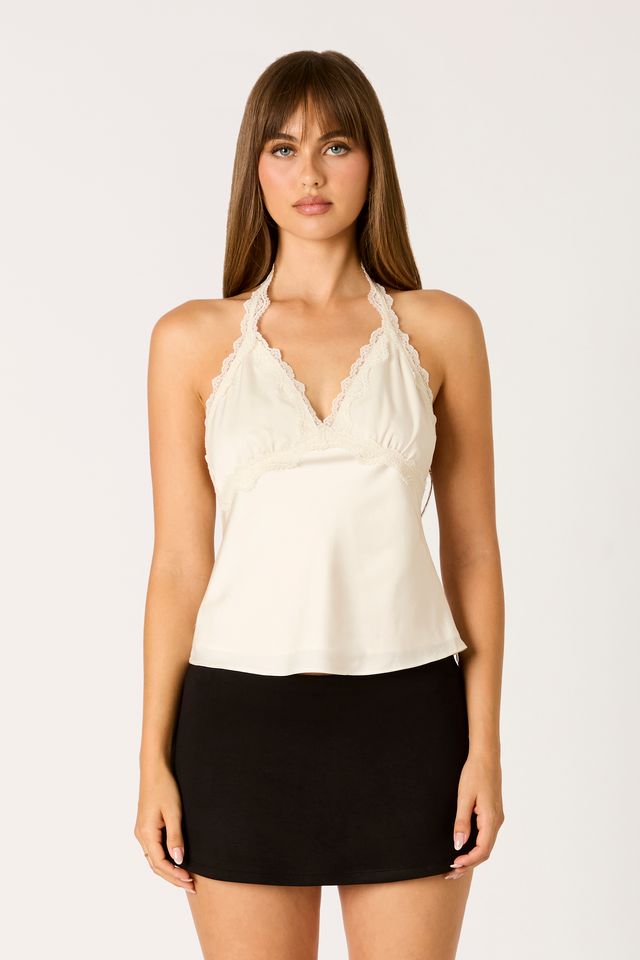 Lace Trim Halter Top in ivory front view