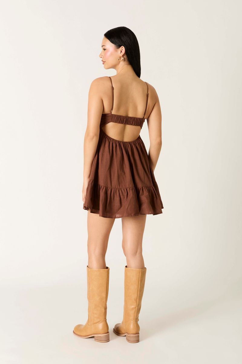 Twist Front Babydoll Mini Dress in cocoa back view