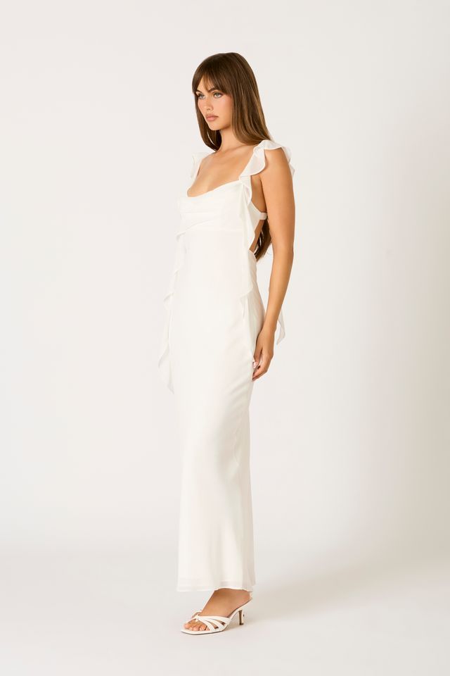 Waterfall Ruffle Maxi Dress in white side view