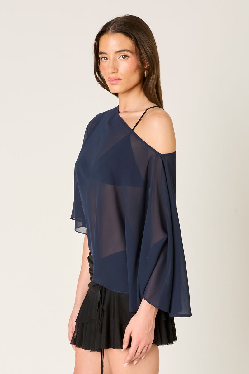 One-Shoulder Sheer Top in navy side view