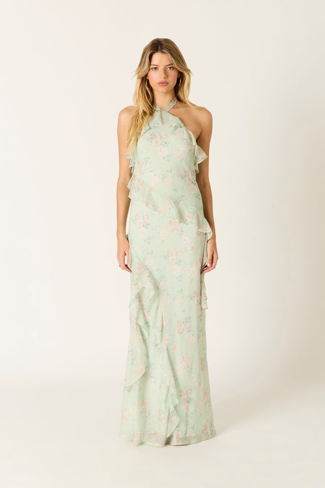 Floral Ruffle Maxi Dress in sage front view