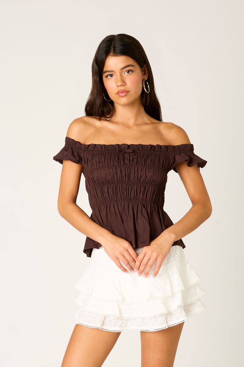 Off-the-shoulder Smocked Top in chocolate front view
