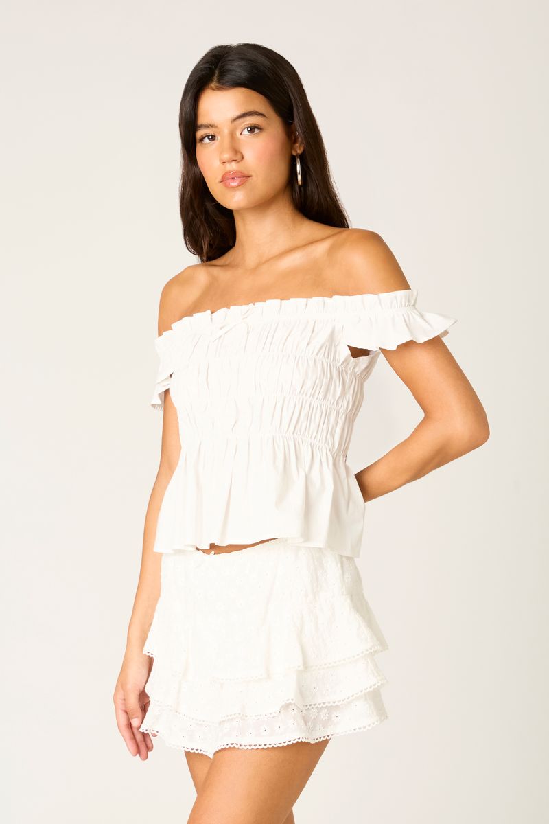 Off-the-shoulder Smocked Top in white side view