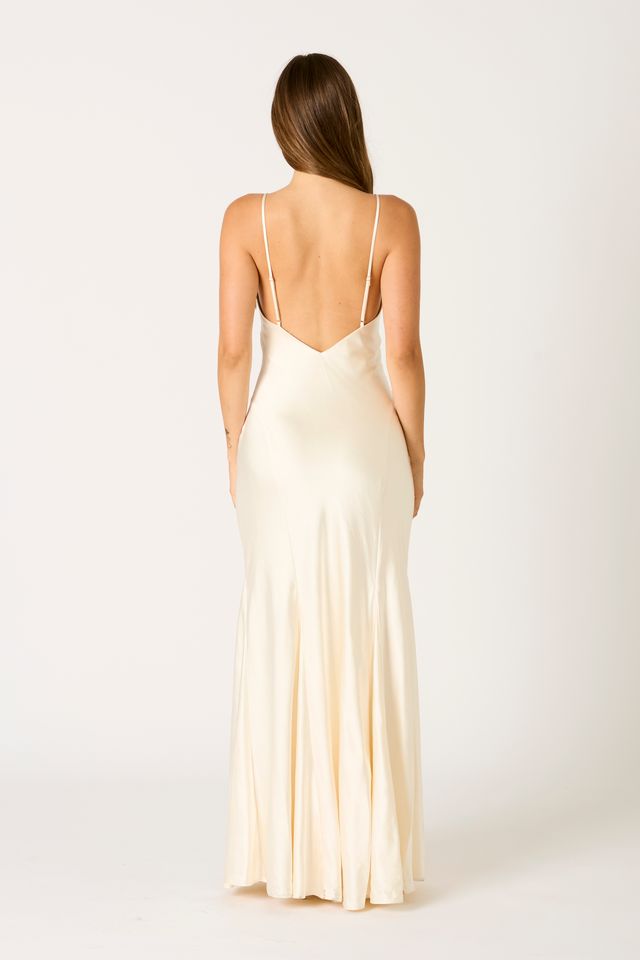 Satin Flared Maxi Dress in ivory back view