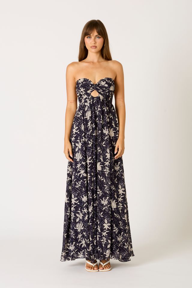 Floral Strapless Maxi Dress in ink front view