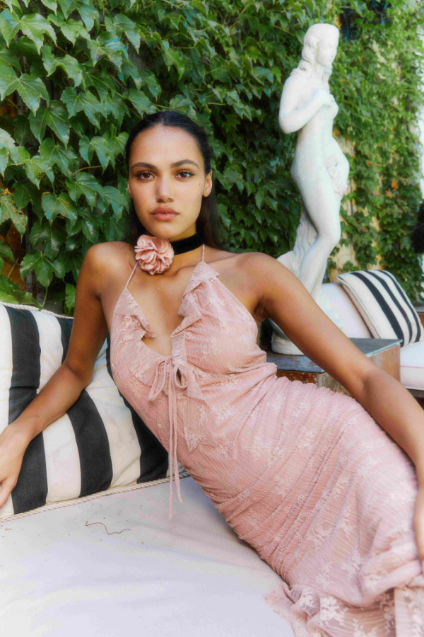 Lace Halter Asymmetrical Midi Dress look book image