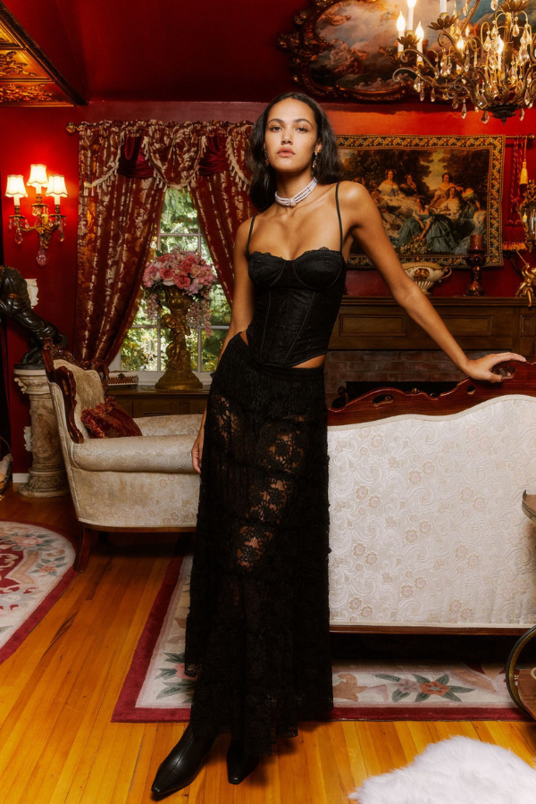 Tiered Floral Lace Maxi Skirt in black look book image