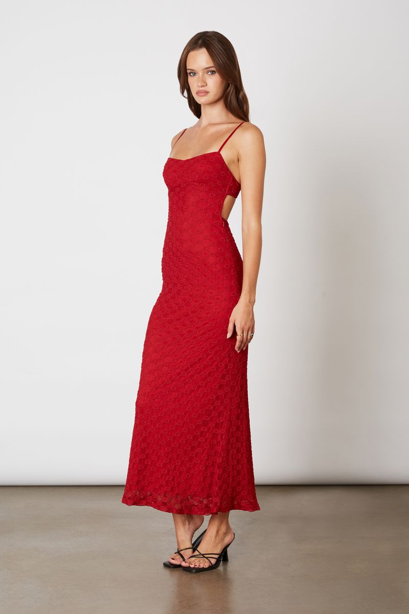 Stretch Lace Midaxi Dress in crimson side view 