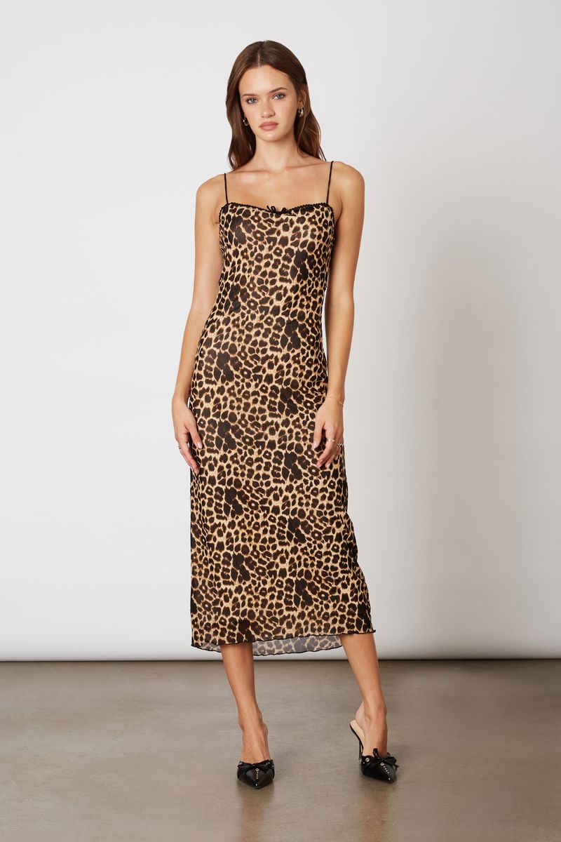 Leopard Mesh Midi Dress in tan front view