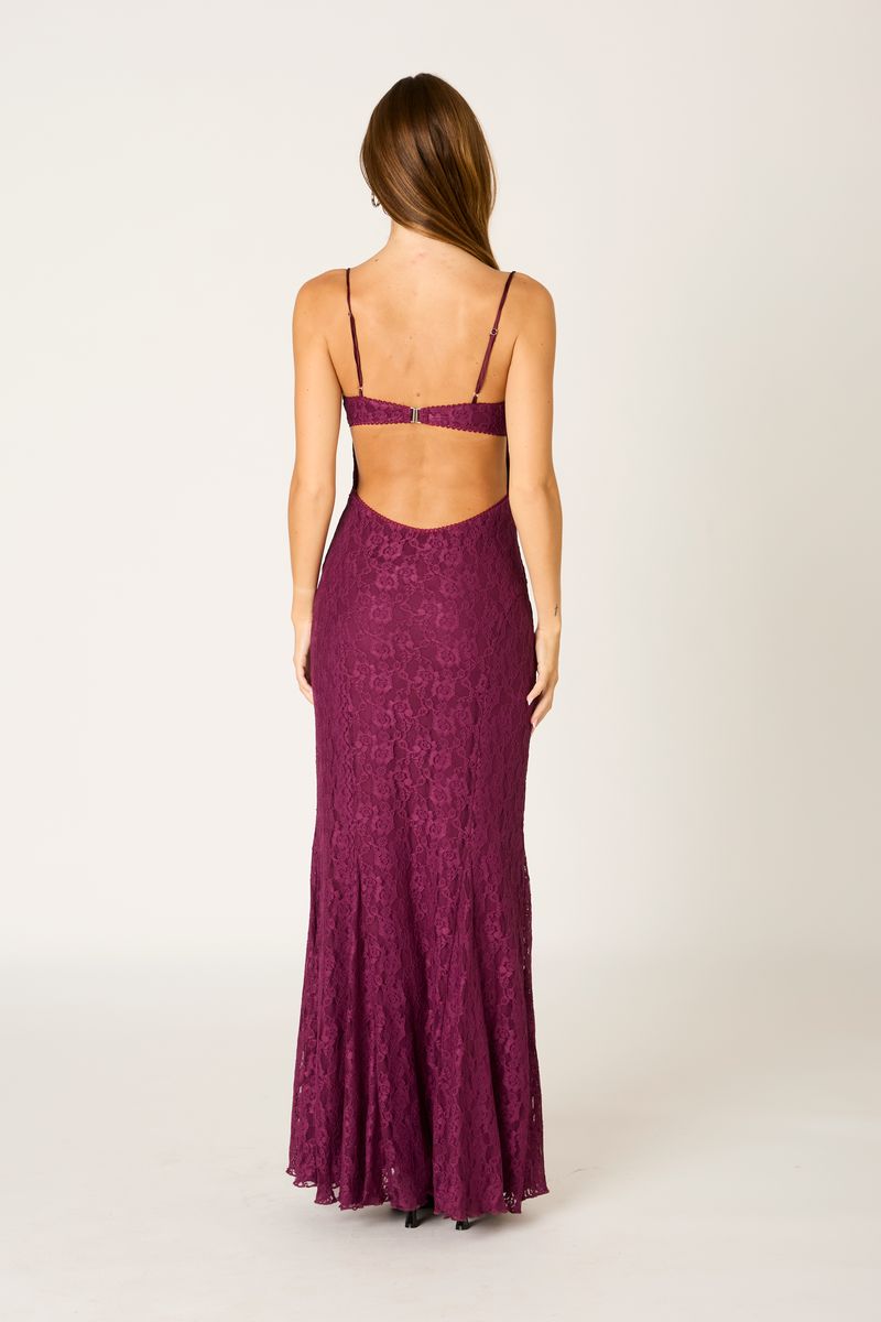 Lace Maxi Dress in plum back view
