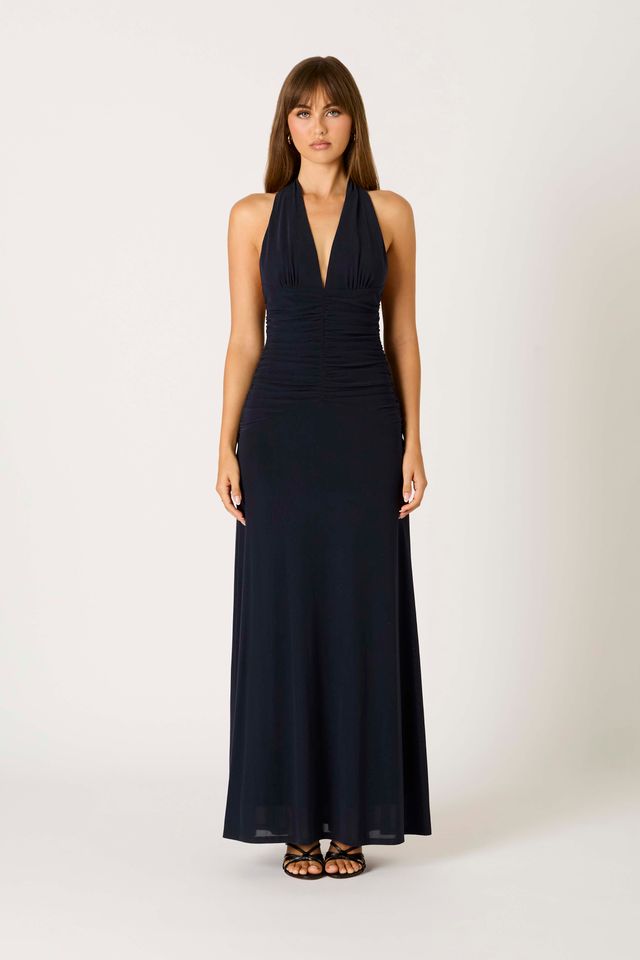 Ruched Halter Maxi Dress in navy front view