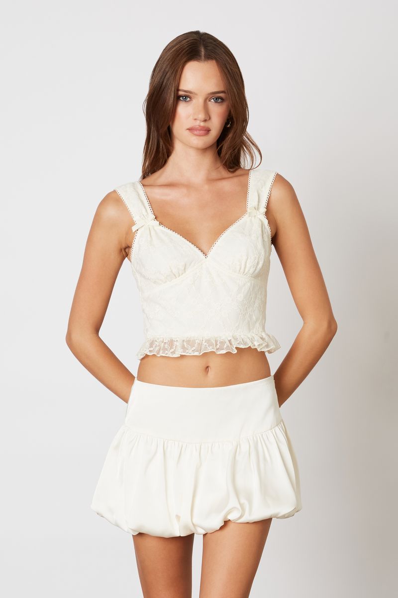 Lace Ruffle Bow Top in cream front view