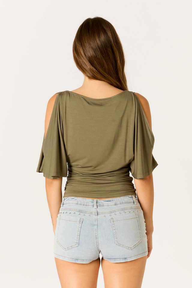 Ruched Flutter Sleeve Top in olive back view