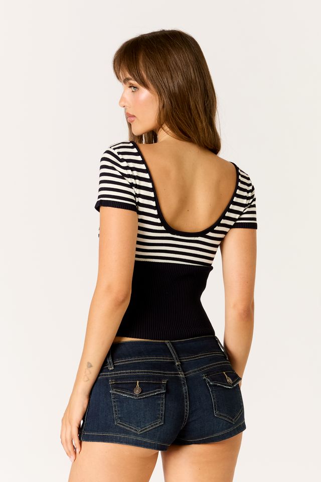 Striped Knit Sweater Top in navy/white back side view
