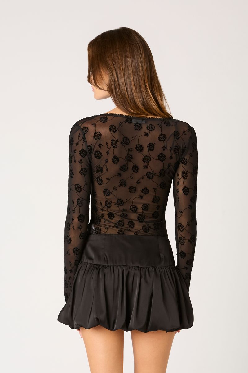 Flocked Velvet Mesh Top in black back view