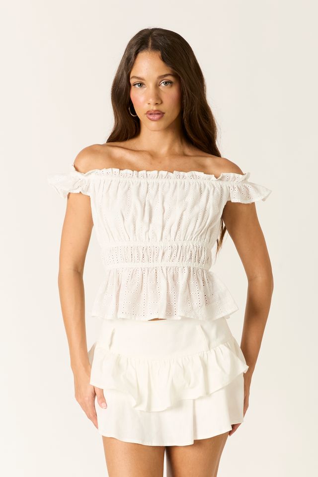 Off-The-Shoulder Eyelet Top in white front view
