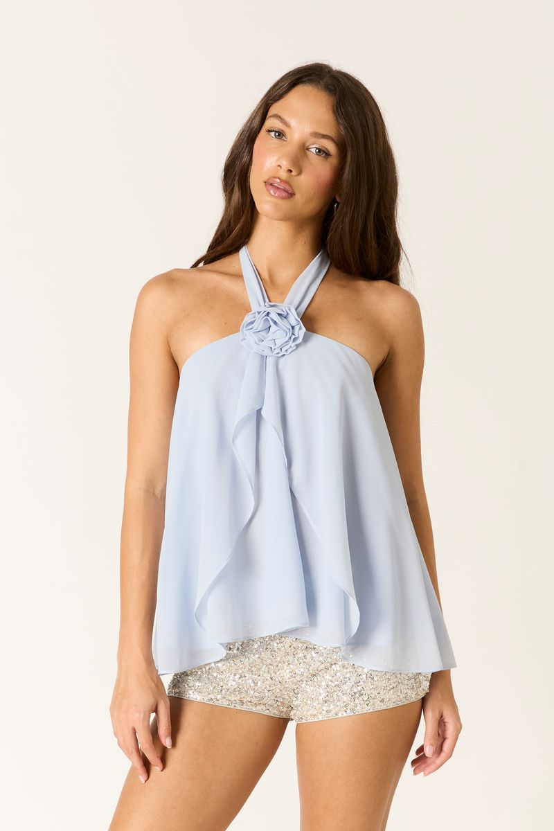 Chiffon Halter Top in cloud blue front view