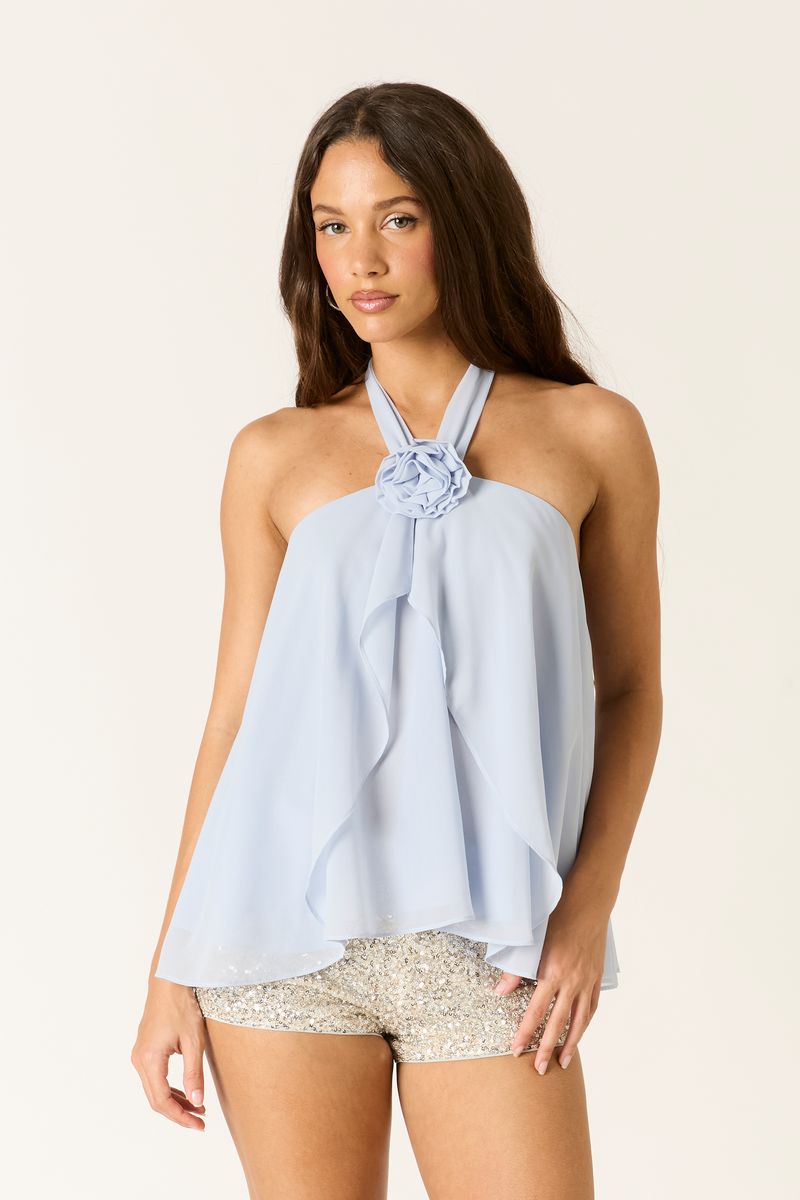 Chiffon Halter Top in cloud blue front view