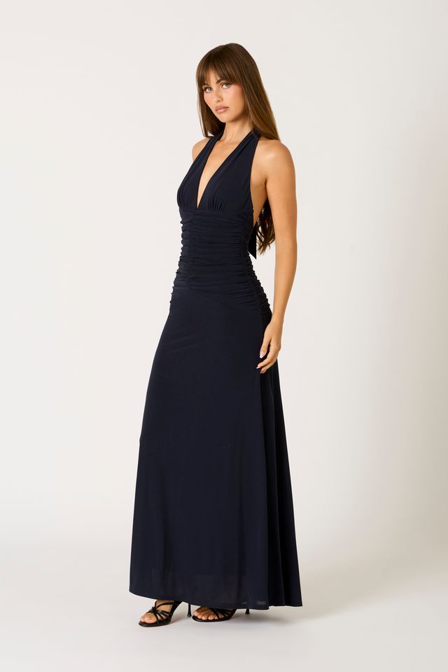 Ruched Halter Maxi Dress in navy side view