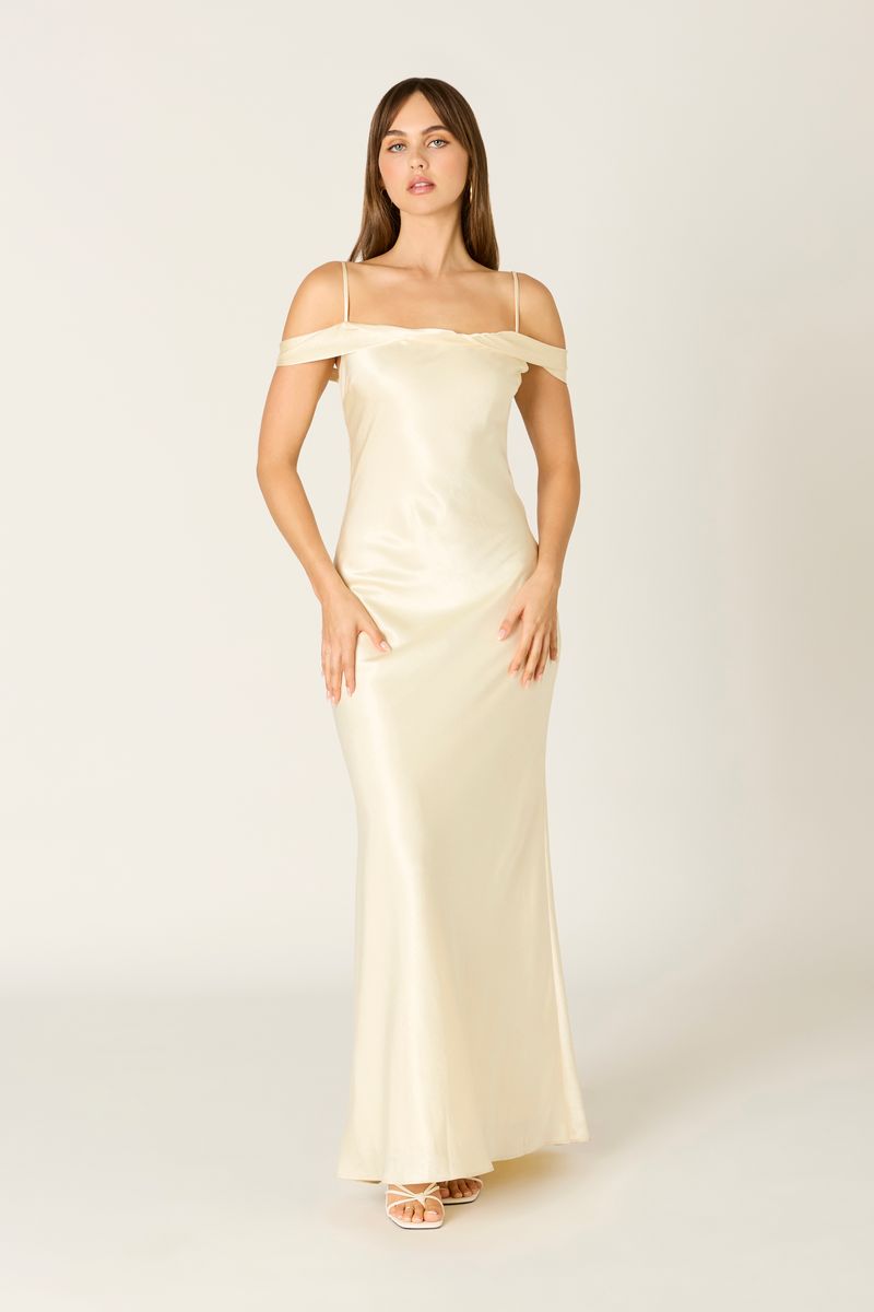 Satin Off The Shoulder Gown in butter front view
