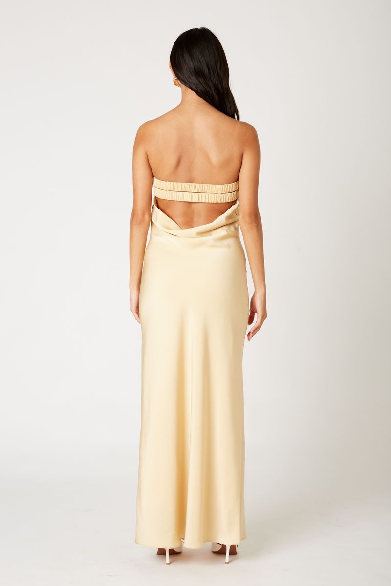 Strapless Cowl Gown in maize back view