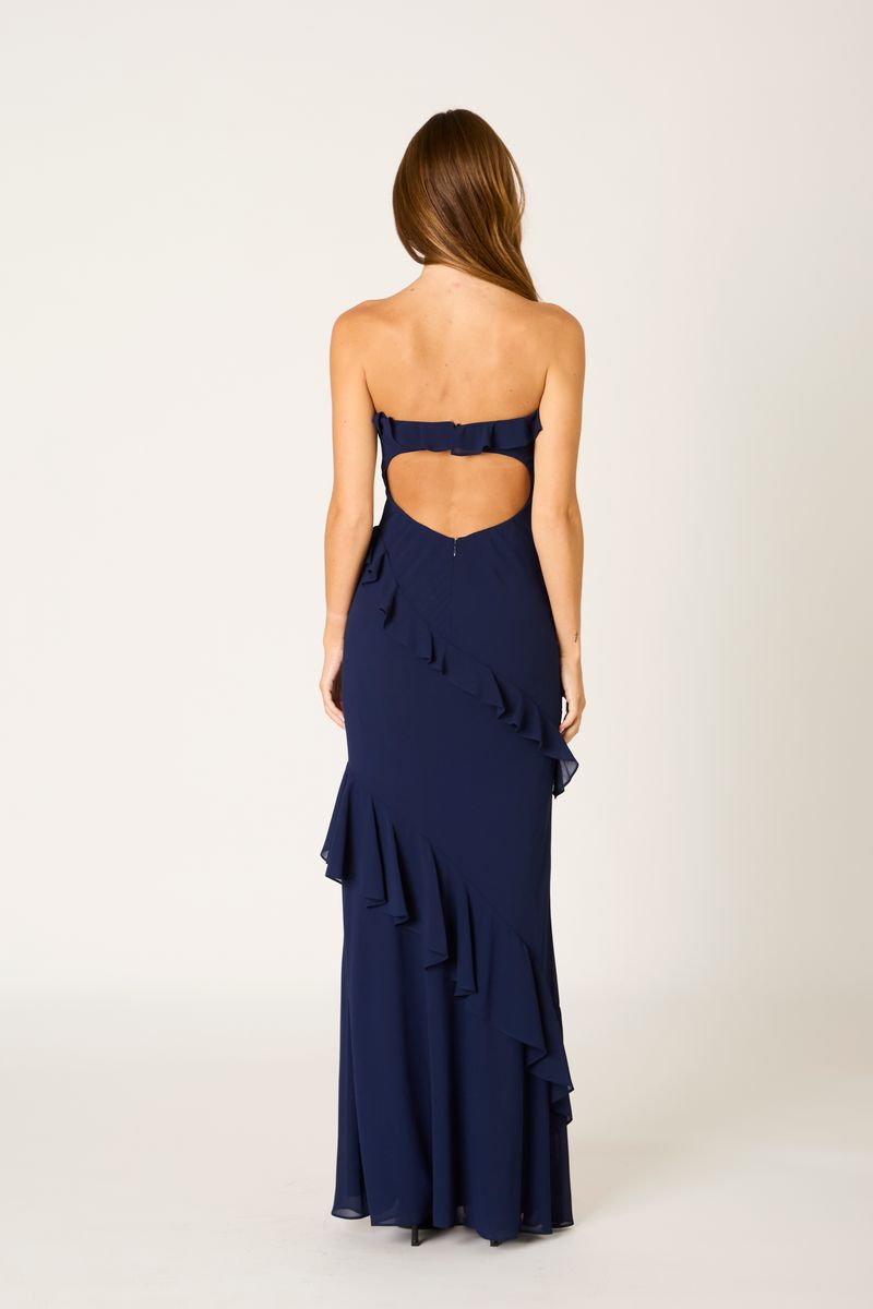 Cascade Ruffle Gown in navy back view