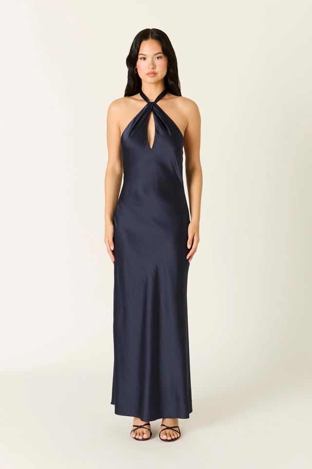Satin Keyhole Maxi Dress in midnight front view