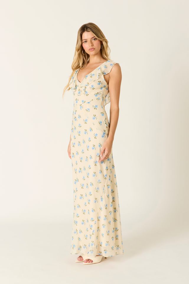 Ruffle Trim Floral Maxi Dress in butter side view