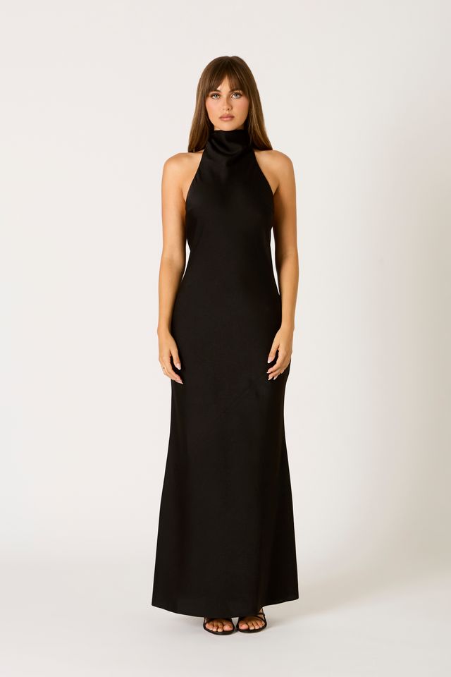 Open Back Halter Maxi Dress in black front view