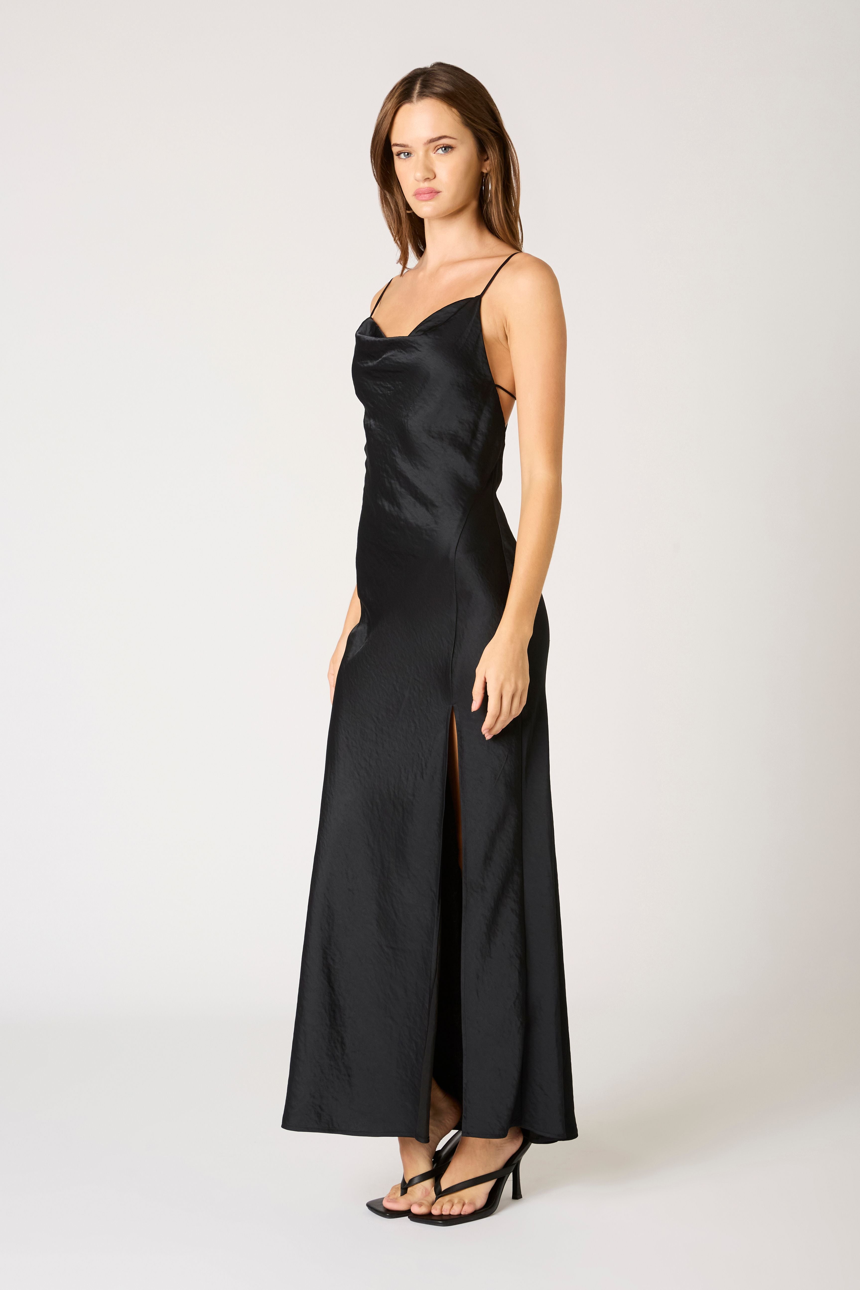 Cowl Neck High Slit Gown in black side view