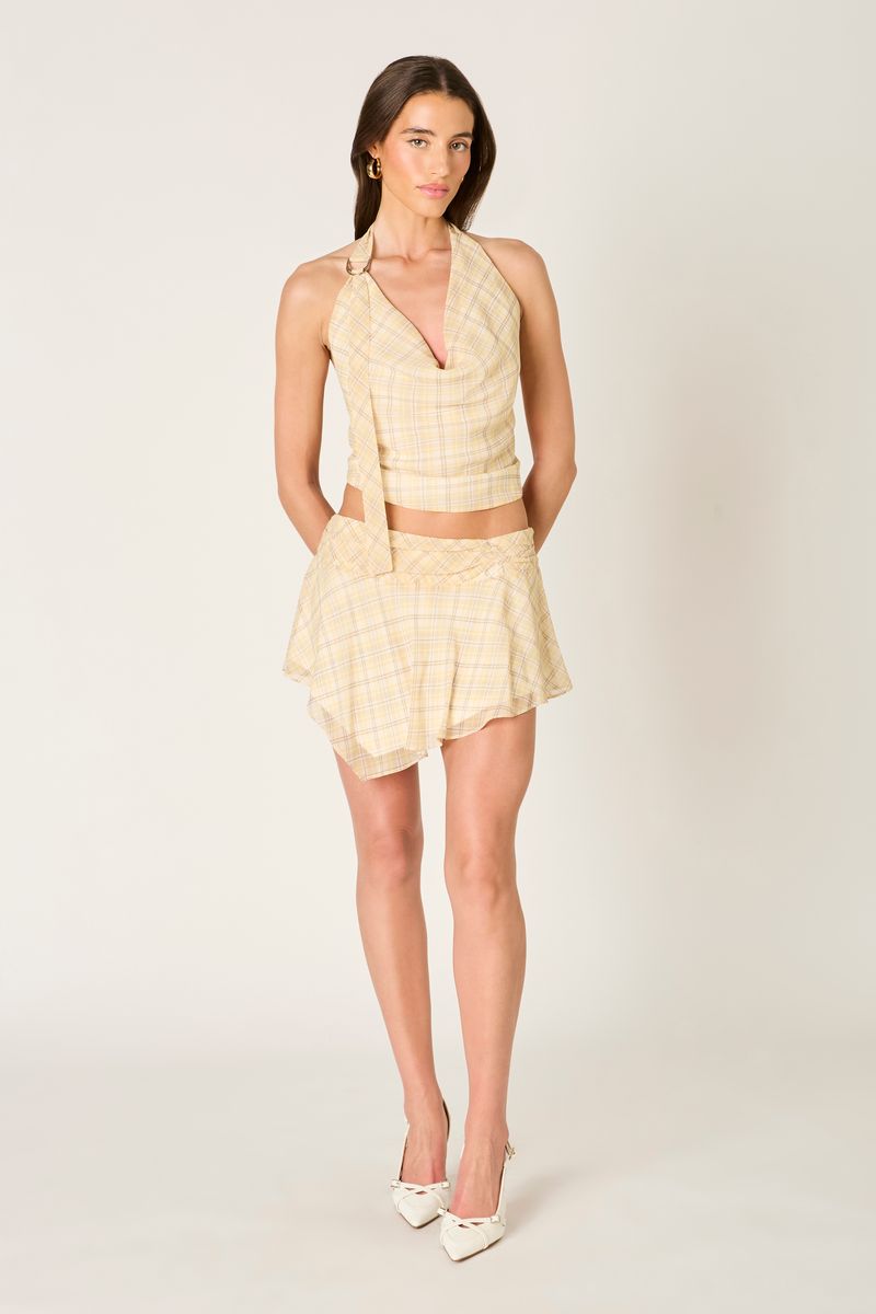 Plaid Cowl Neck Halter Top in butter front view