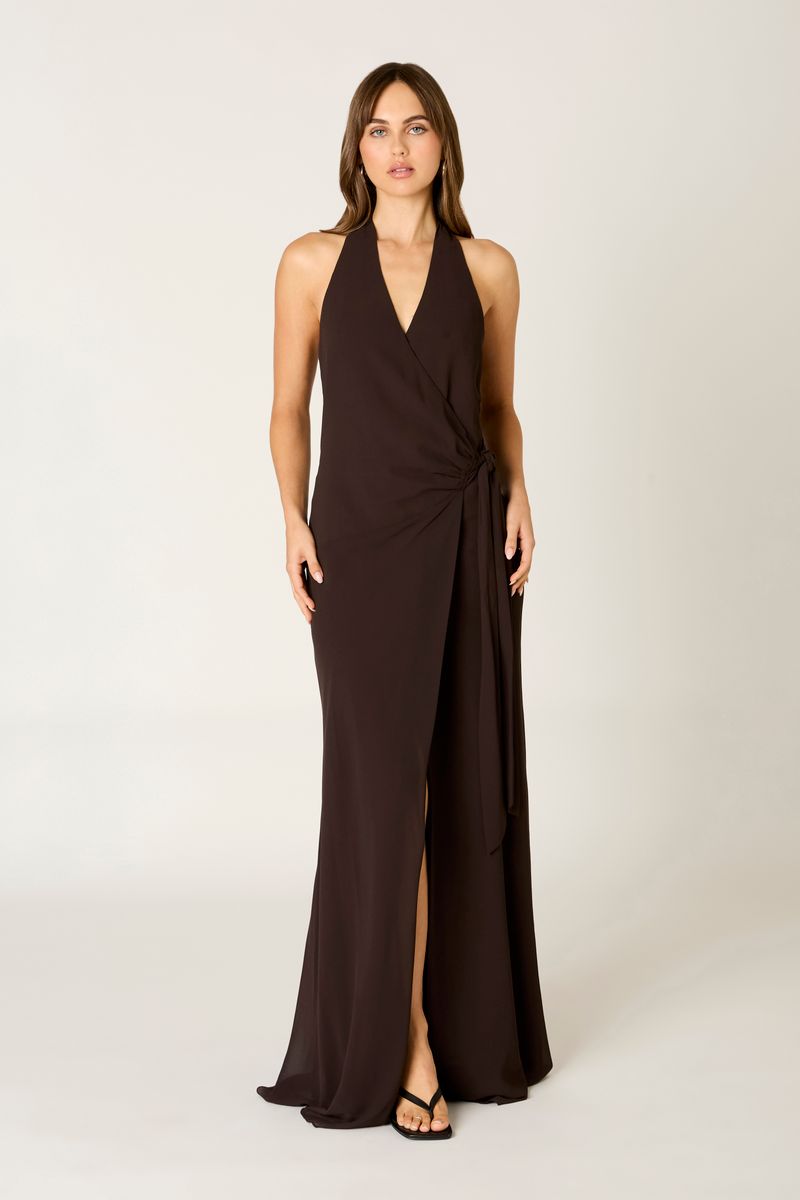 Wrap Maxi Dress in chocolate front view
