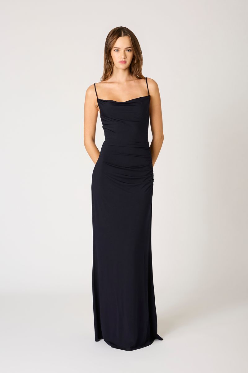 Cowl Neck Knit Gown in midnight front view