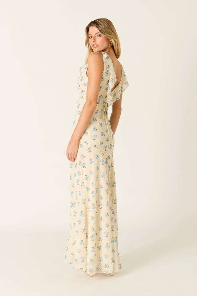 Ruffle Trim Floral Maxi Dress in butter back side view
