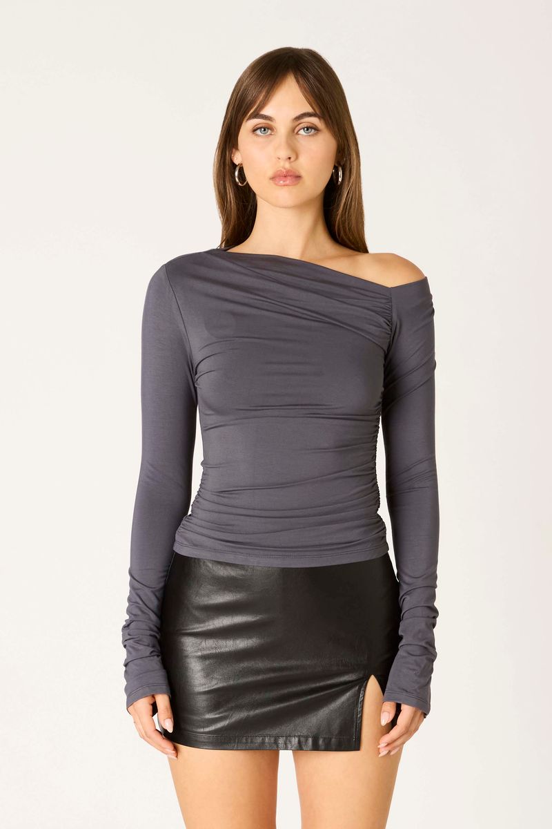 Stretch Jersey Long Sleeve Top in pewter front view