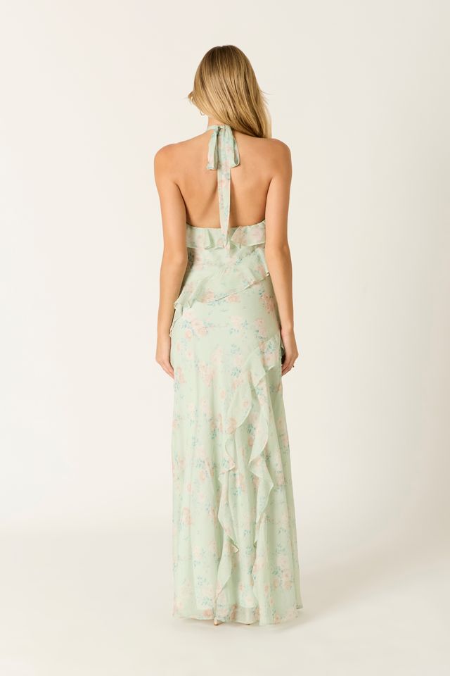 Floral Ruffle Maxi Dress in sage back view