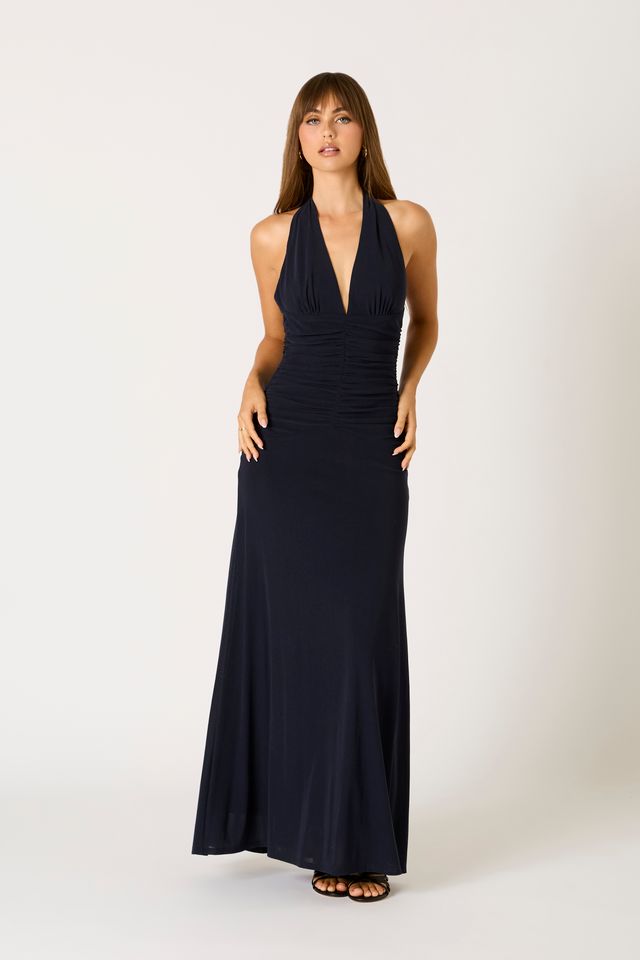 Ruched Halter Maxi Dress in navy front view