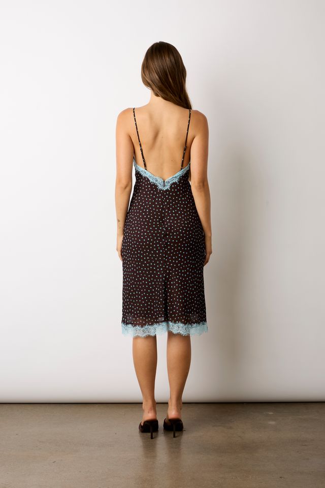 Polka Dot Midi Slip Dress in brown back view