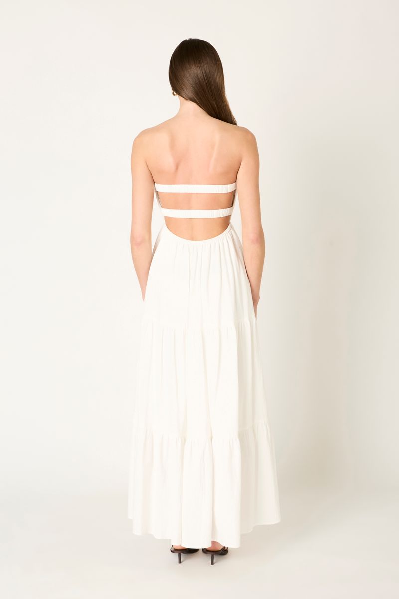 Strapless Tiered Maxi Dress in white back view