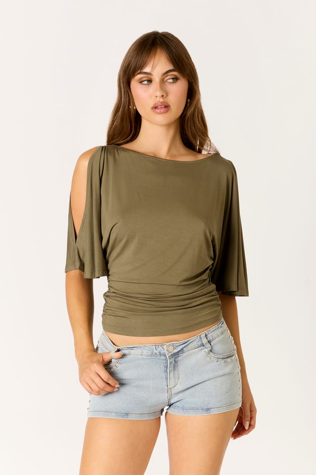 Ruched Flutter Sleeve Top in olive front view