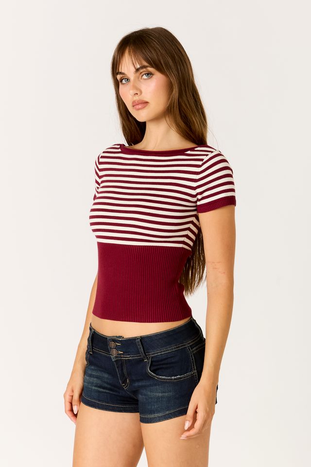 Striped Knit Sweater Top in wine/white side view