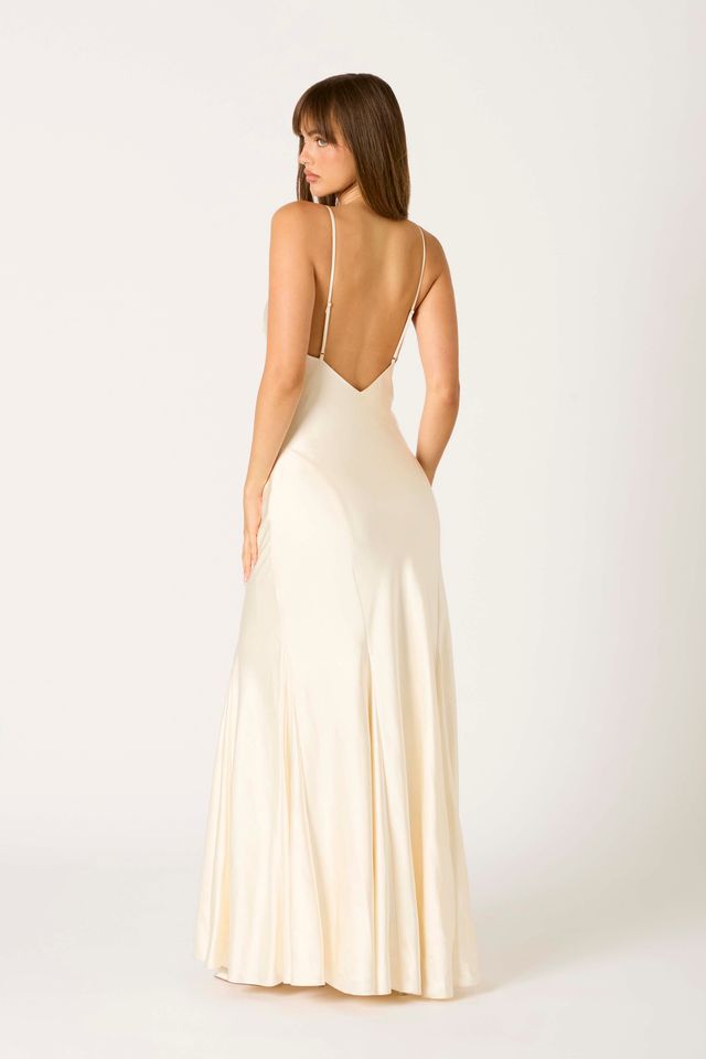 Satin Flared Maxi Dress in ivory back side view